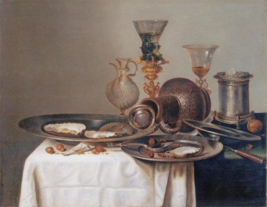 Still life with oysters, fallen jug and wine glasses
