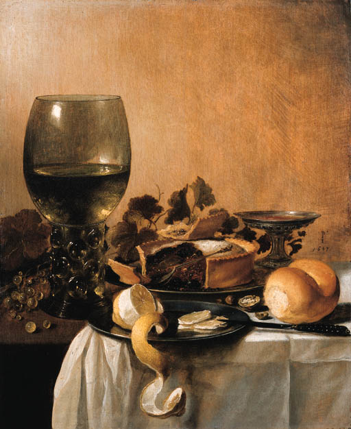 Still life with roemer, tazza, pie, lemon, pewter plates, grapes on the vine, bread and a knife