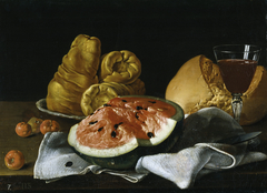 Still Life with Watermelon, Pastries, Bread, and Wine by Luis Egidio Meléndez