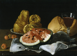Still Life with Watermelon, Pastries, Bread, and Wine