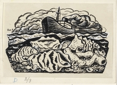 Stoomschip op zee, met op de voorgrond schelpen by Leo Gestel