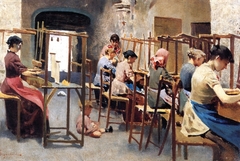 Straw weavers at Settignano by Telemaco Signorini