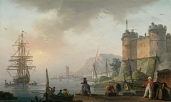 Sunrise: Levantine merchants on a quay below a castle, a Dutch man-of-war at anchor beyond by Charles François Grenier de Lacroix