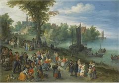 The edge of a village with figures dancing on the bank of a river and a fish-seller and a self portrait of the artist by Jan Brueghel the Elder