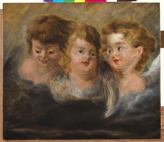 Three angel heads in clouds (left panel)