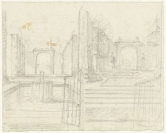 Twee schetsen van een tuin met een vijver, op de voorgrond een openstaand hek by Unknown Artist