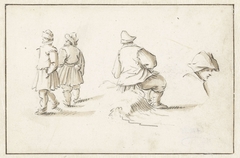 Twee staande mannen, een zittende man en een kopstudie by Herman Saftleven