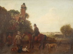 Two Sportsmen, one of them Mounted, with Dogs, outside a Cottage by Edmund Bristow