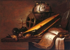 Vanitas-stilleven met o.a. boeken, astrolabium en globe by Petrus Schotanus à Sterringa