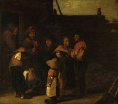 Village scene with figures by Pieter de Bloot