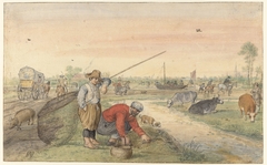 Vissers met schepnetten langs een jaagpad by Hendrick Avercamp
