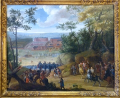 Vue du château de Versailles, avec Louis XIV accompagné d'un groupe de mousquetaires à cheval by Anonymous
