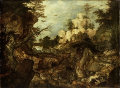 Wild boar hunt in a rocky landscape
