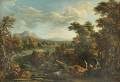 Wooded River Scene with Peasants by attributed to Marco Ricci
