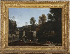 A Bridge Flanked by a Tower in the Roman Campagna, with Fisherman and Maidens in the Foreground by Francesco Cozza