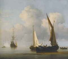 A calm Sea with a Kaag and a Boeier close to the Shore by Willem van de Velde the Younger