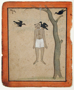 A hanging man's body is regarded by three crows