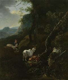 A sheperdess with her flock in a mountainous landscape by Adam Pynacker