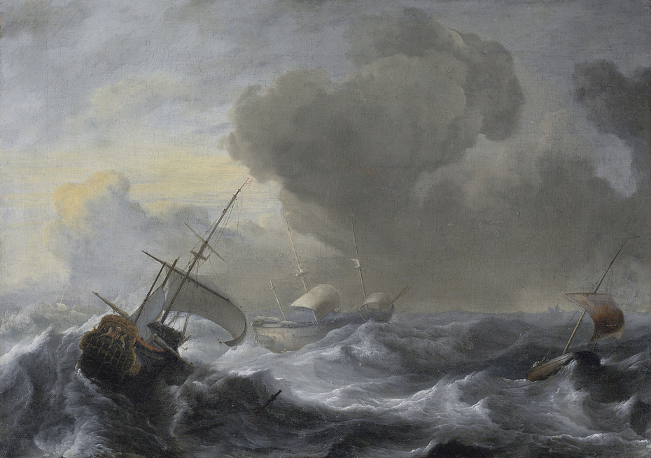 A threemaster with the Amsterdam coat-of-arms, with other vessels, in a storm