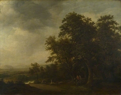 A Woody Landscape with a Stag Hunt by Jan Lagoor