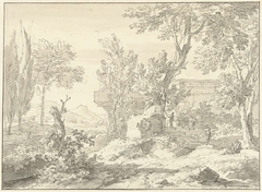 Arcadisch landschap met een ruïne en figuren bij een trap by Jan van Huysum