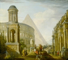 Architectural Capriccio with the Tomb of the Giulii, the Colossseum and a Triumphal Arch (after Panini)