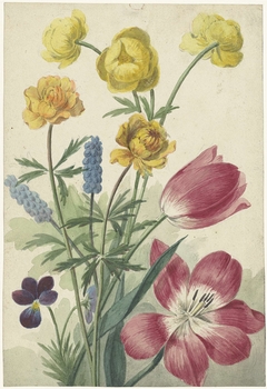 Boeket van tulpen, viooltjes, blauwe druifjes en dotters by Willem van Leen