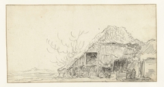 Boerenschuur in een vlak landschap by Unknown Artist