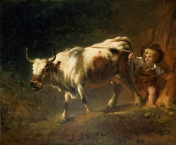 Boy Attempting to Restrain a Cow by a Rope
