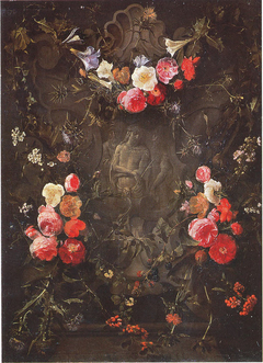 Cartouche with flowergarlands surrounding a depiction of "Ecce Homo"