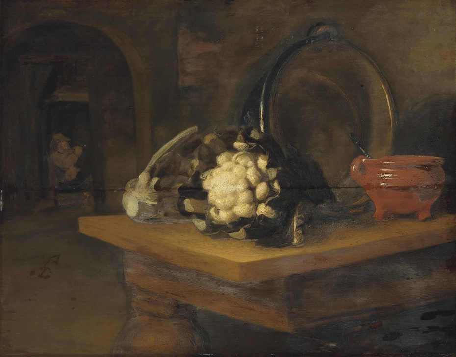 Cauliflowers, an earthenware bowl and a copper pot on a table