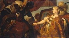 Chariclea showing Persina and Hydaspes the mark on her elbow as proof of her origin (Heliodorus: Aethiopica) by Karel van Mander III
