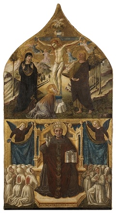 Christus am Kreuz mit Maria, Johannes und Magdalena, darunter der Heilige Gregor