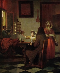 Company with a black pageboy and a woman feeding a parrot by Pieter de Hooch