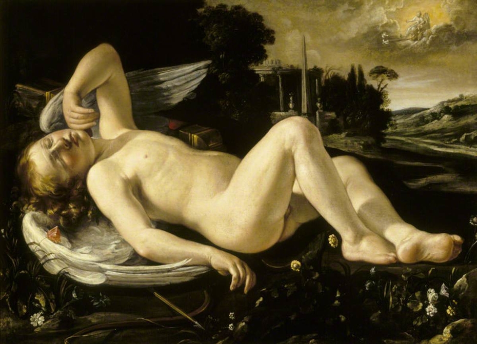Cupid asleep approached by Venus in her Chariot