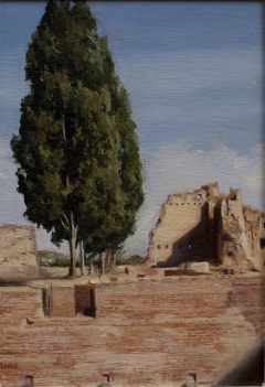 "Cypress Row" by Lydia Martin©- oil on Birch wood panel (9"x7") by Lydia Martin