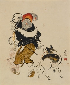 Dog barking at a monkey trainer by Shibata Zeshin