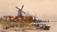 Dutch Scene with Windmills and Boats by Wilfred Williams Ball