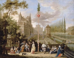 Elegant company making music with a lady and a gentleman dancing around a maypole, a palace with an ornamental garden beyond