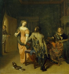 Elegant interior in which a soldier with a trumpet grabs a young woman by the arm by Jan Verkolje