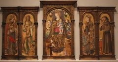 Enthroned Virgin and Child, with Angels and Saints Bonaventure, John the Baptist, Louis of Toulouse, and Francis of Assisi by Vittore Crivelli
