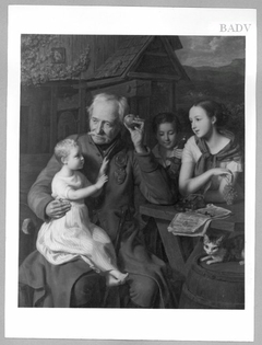 Familienbild, alter Invalide mit Kindern vor einem Haus by Ferdinand Georg Waldmüller