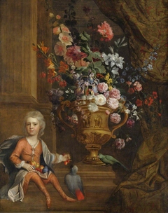 Flowers in an Urn, with a Boy feeding Cherries to Two Parrots by Anonymous