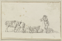 Fluitspelende herder staand bij zijn kudde