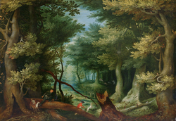 Forest landscape with deer hunt