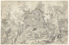 Gezicht op een dorp met dieren en werkende figuren by Pieter Stevens II
