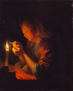 Girl Threading a Needle by Candlelight by Godfried Schalcken