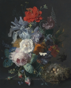 Glass Vase with Flowers, a Poppy and a Finch Nest