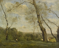 Grands arbres dominant la berge d'une rivière by Jean-Baptiste-Camille Corot