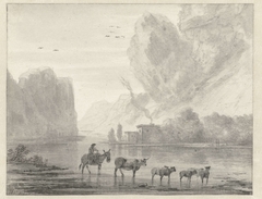 Herder met vee aan de oever van een rivier by Hendrik van der Straaten